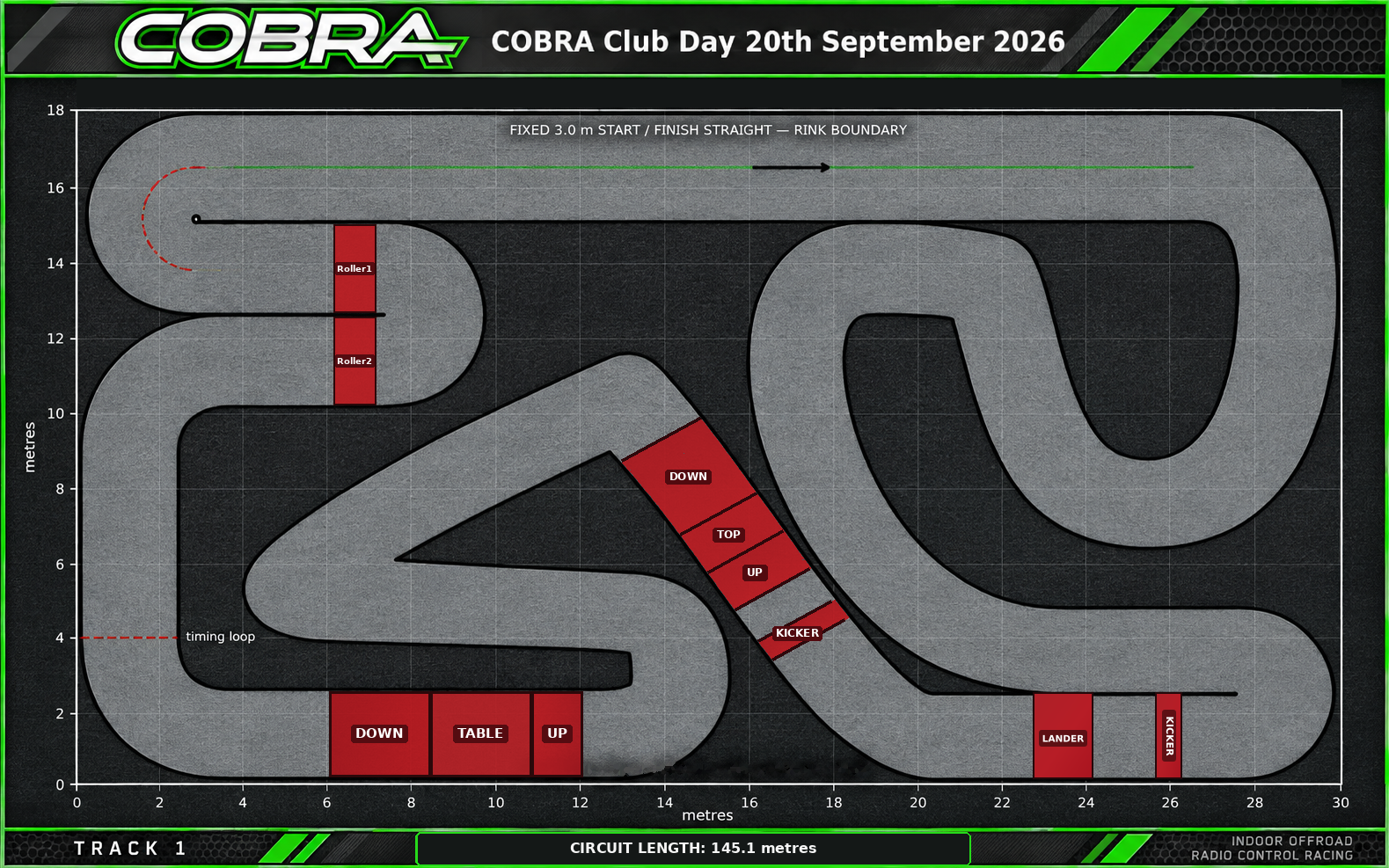 COBRA Club Day track plan from 20 September 2026, with the replay route traced along the circuit.